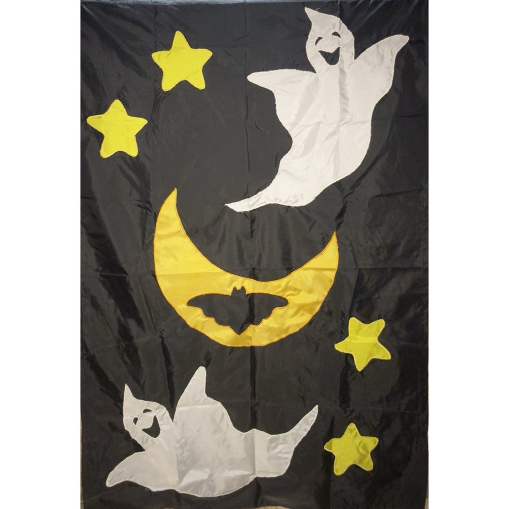 Halloween Garden Flag Vtg Ghost Bat Moon Applique Black Yellow Stars Yard Banner